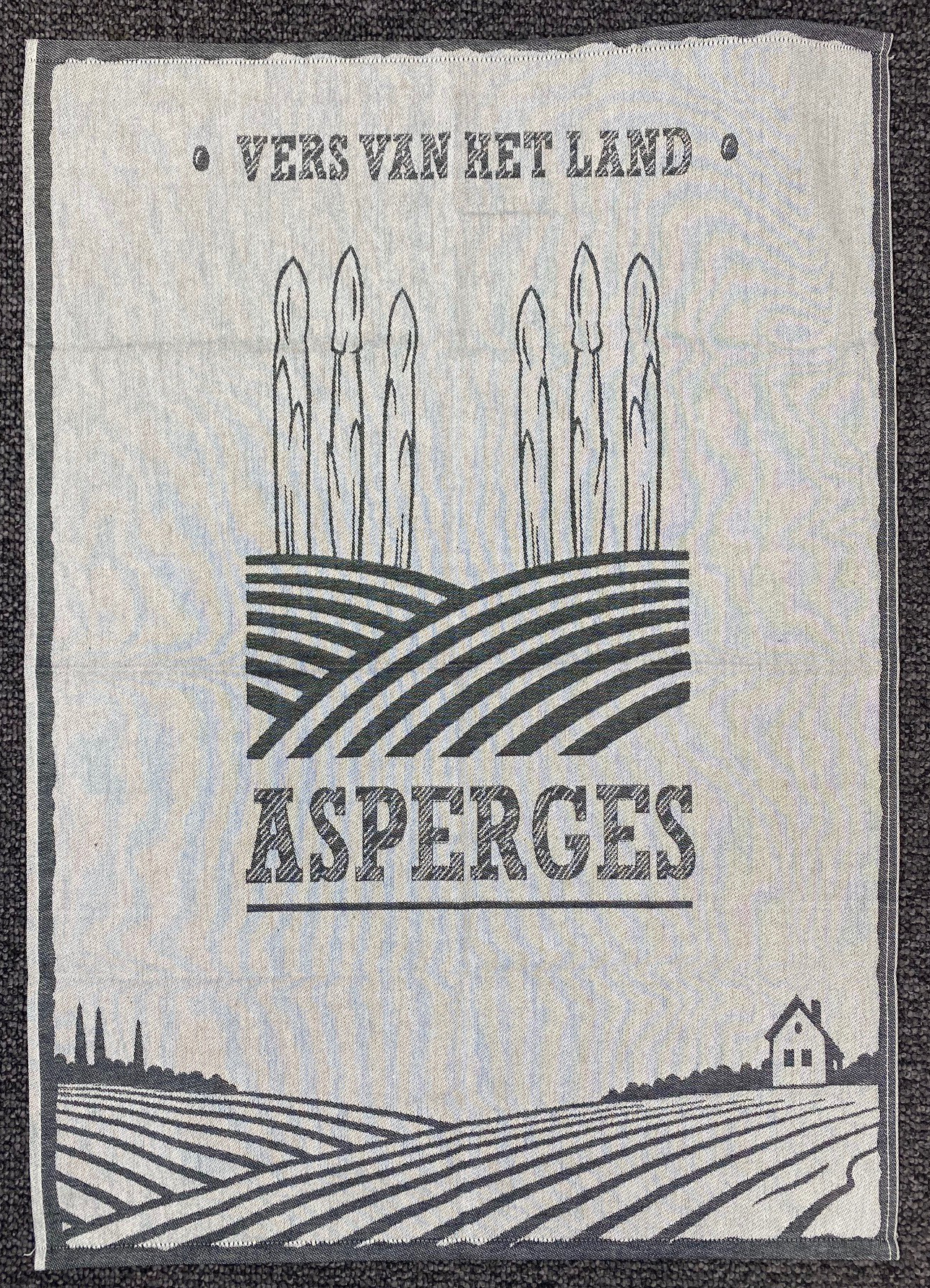 Theedoek met asperges afgebeeld met tekst "vers van het land"
